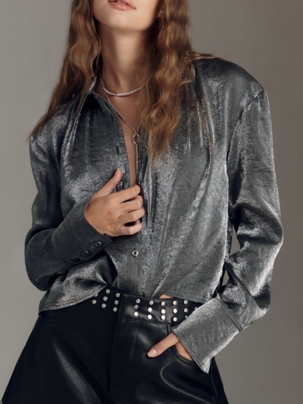 Anthropologie Pilcro Liquid Shine Buttondown Shirt Large NWT